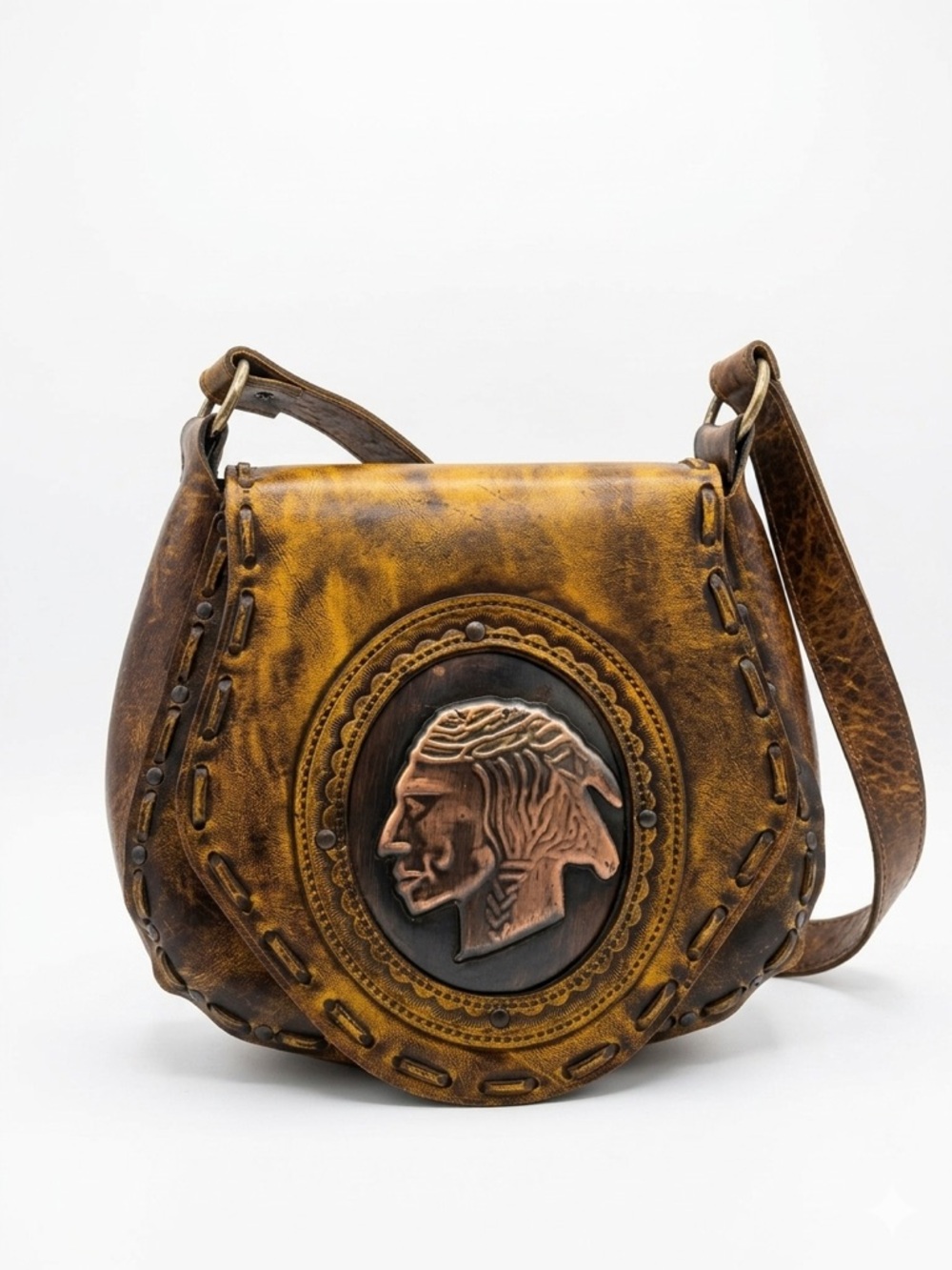 Vintage Leather Southwestern Pouched Shoulder Bag